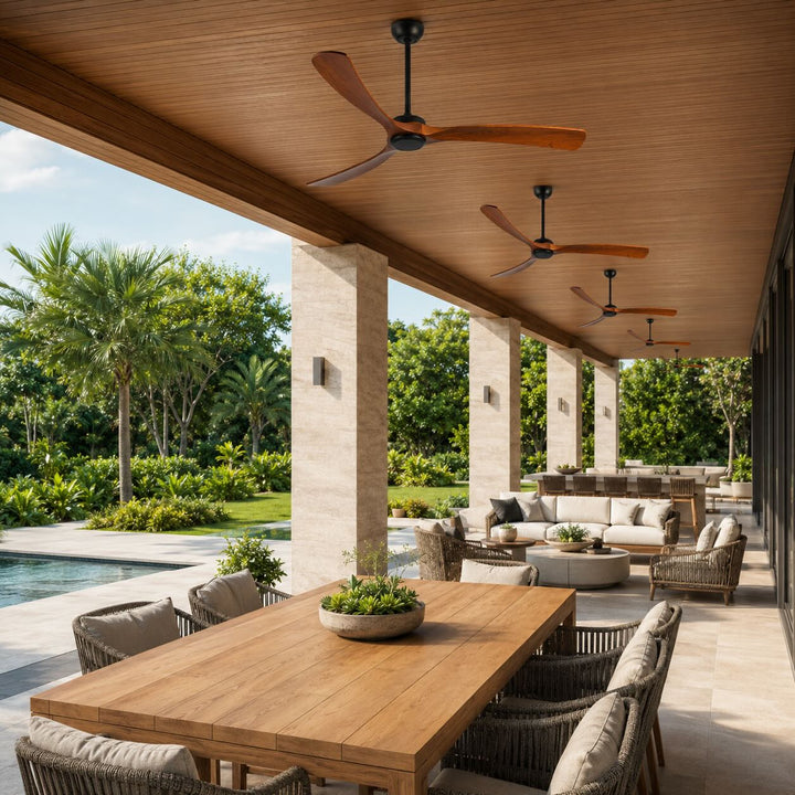 Modern Outdoor Ceiling Fan with Walnut Wood Blades IP65 Waterproof Rating and 6-Speed Motor