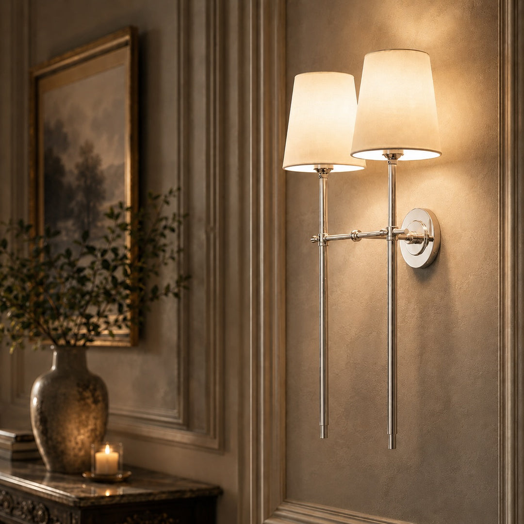 Modern Brass Wall Sconce Wall Mounted Tapered Fabric Shade LED Compatible Indoor Light