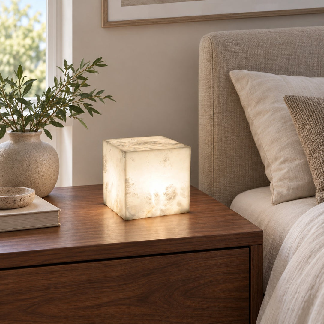 Modern Alabaster Table Lamp Cube Design LED Light for Bedroom or Desk Use