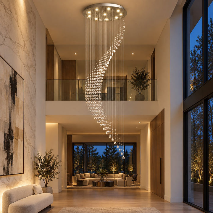 Modern Spiral Crystal Chandelier Adjustable Height Metal Frame 6 to 15 Bulbs for Foyer