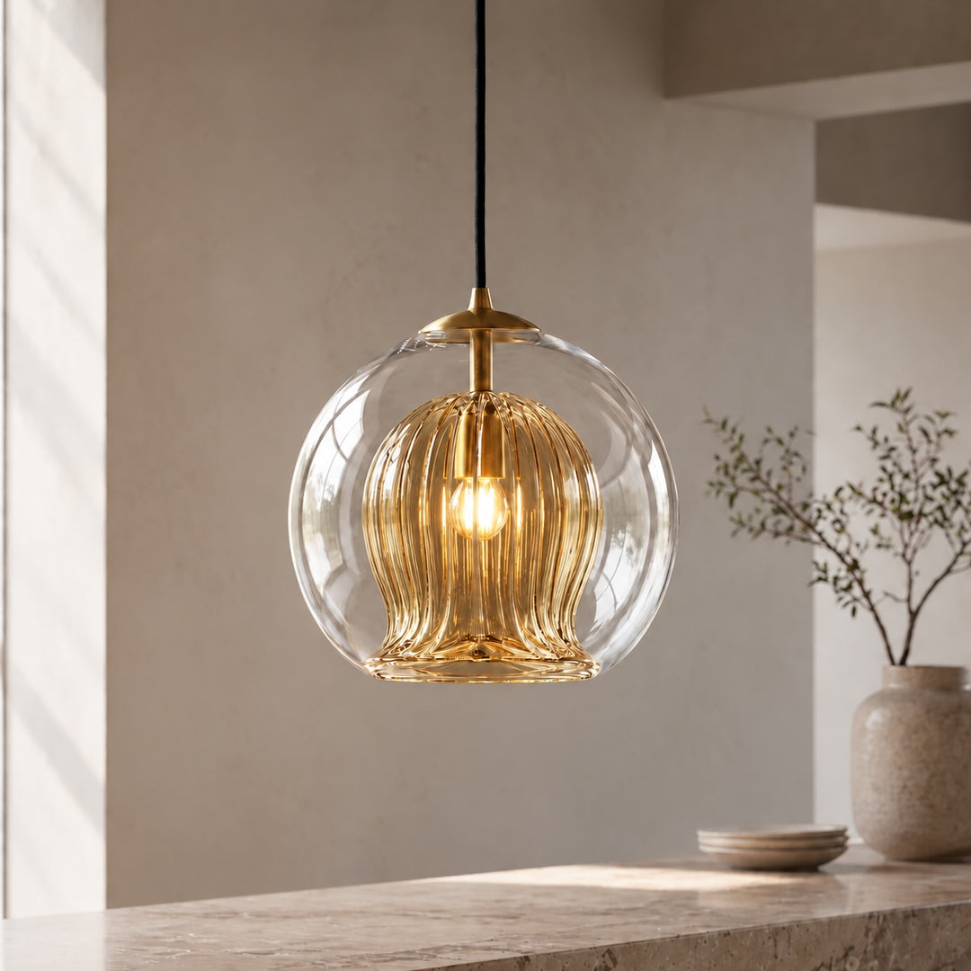 Modern Glass Pendant Light Hanging Metal Fixture LED Compatible Adjustable Height for Kitchen Island