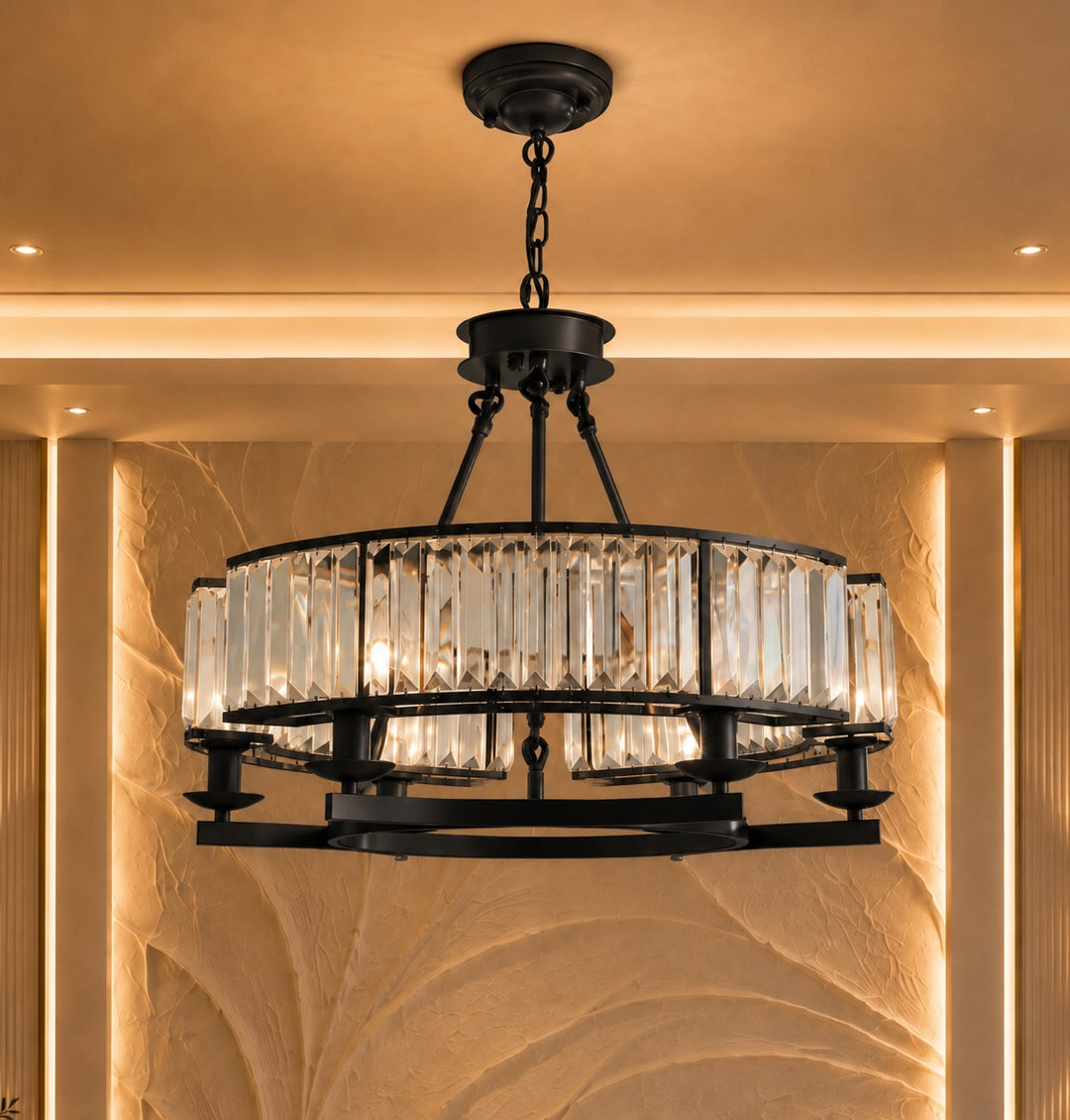 Modern Crystal Chandelier Round Design Adjustable Metal 6 Light Fixture for Dining Room