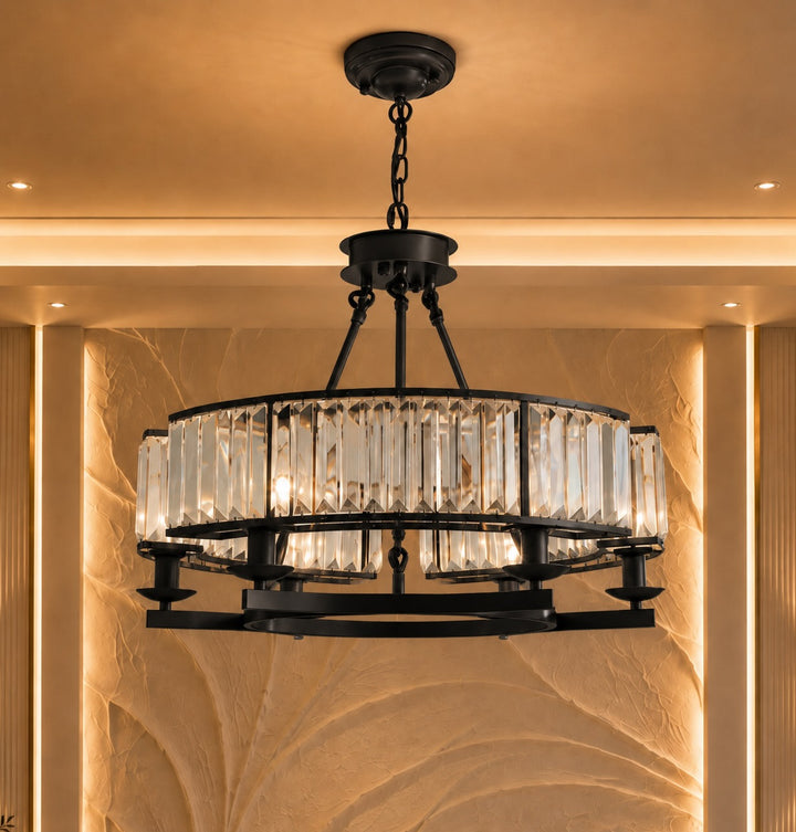 Modern Crystal Chandelier Round Design Adjustable Metal 6 Light Fixture for Dining Room