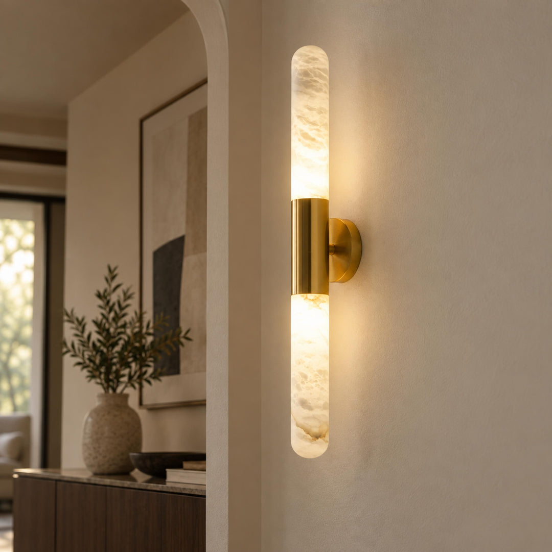 Modern Alabaster Wall Light Brushed Metal Fixture Warm White LED Illumination