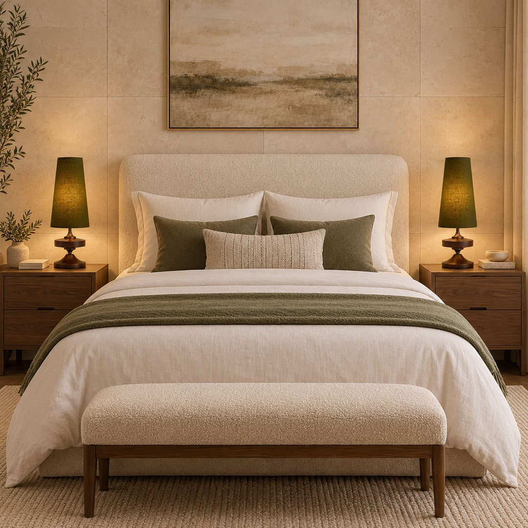 Modern Table Lamp with Tapered Fabric Shade and Walnut Wood Base Dimmable Plug-in Design