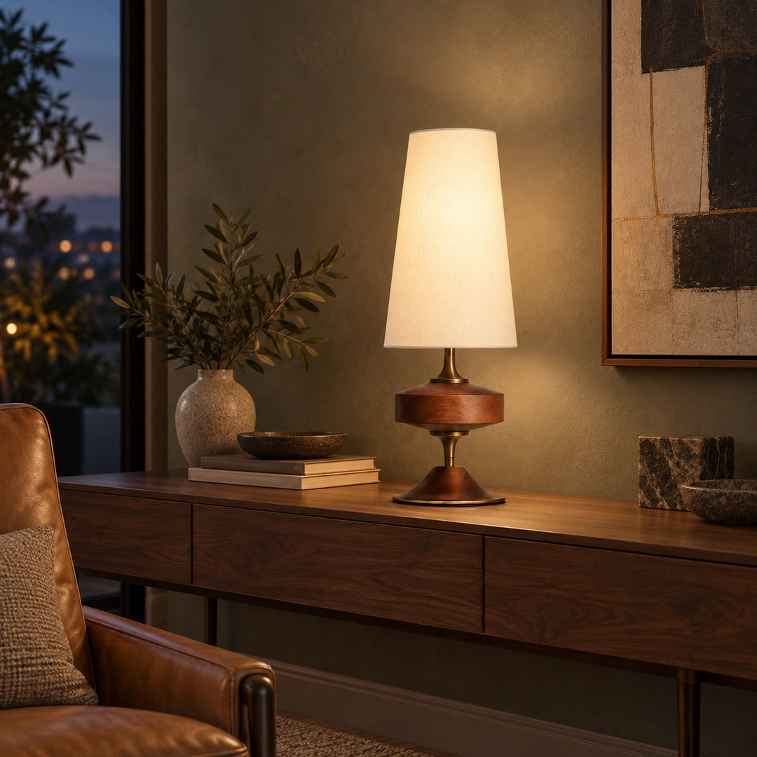 Modern Table Lamp with Tapered Fabric Shade and Walnut Wood Base Dimmable Plug-in Design