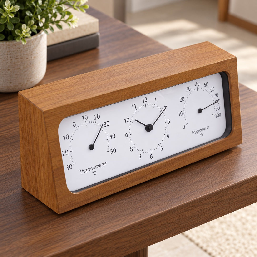 Minimalist Wooden Desk Clock with Temperature and Humidity Meter Battery Operated Bamboo