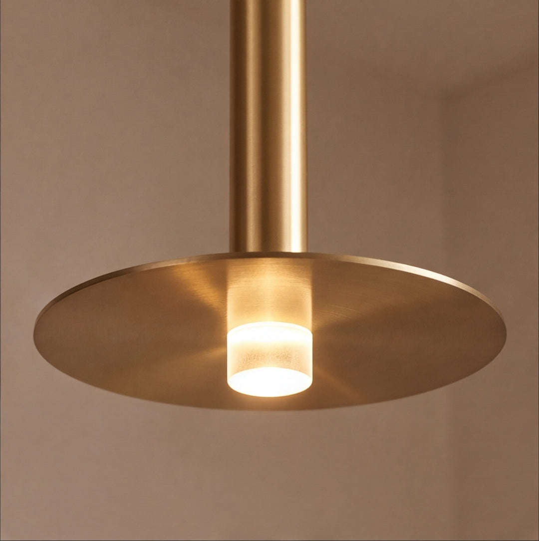 Modern Brass Disc LED Pendant Light with Slim Architectural Stem