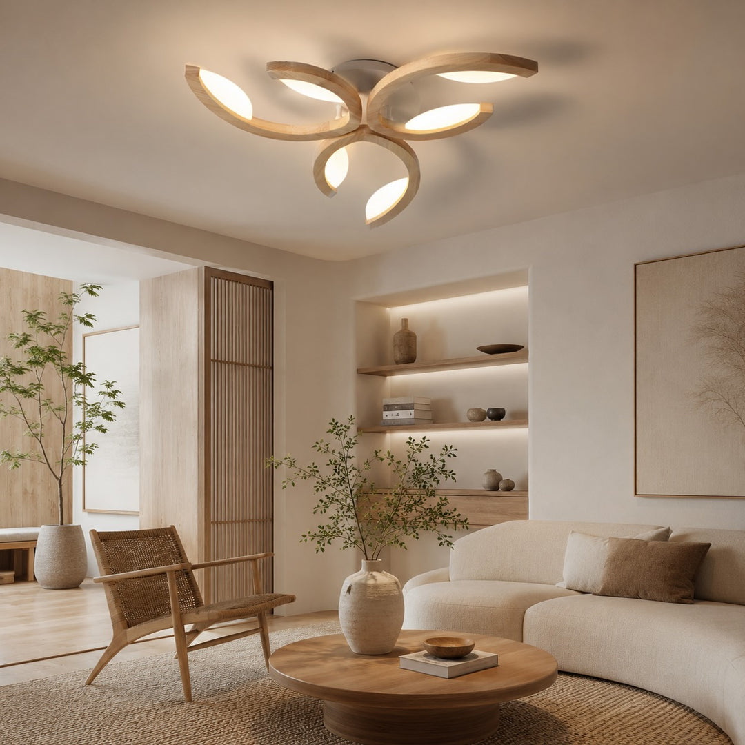 Modern Leaf Flush Mount Ceiling Light Natural Oak Wood Acrylic LED Dimmable 3-5 Light Options