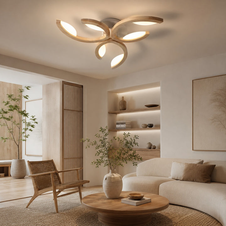 Modern Leaf Flush Mount Ceiling Light Natural Oak Wood Acrylic LED Dimmable 3-5 Light Options