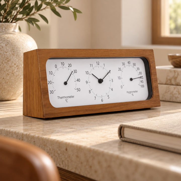 Minimalist Wooden Desk Clock with Temperature and Humidity Meter Battery Operated Bamboo