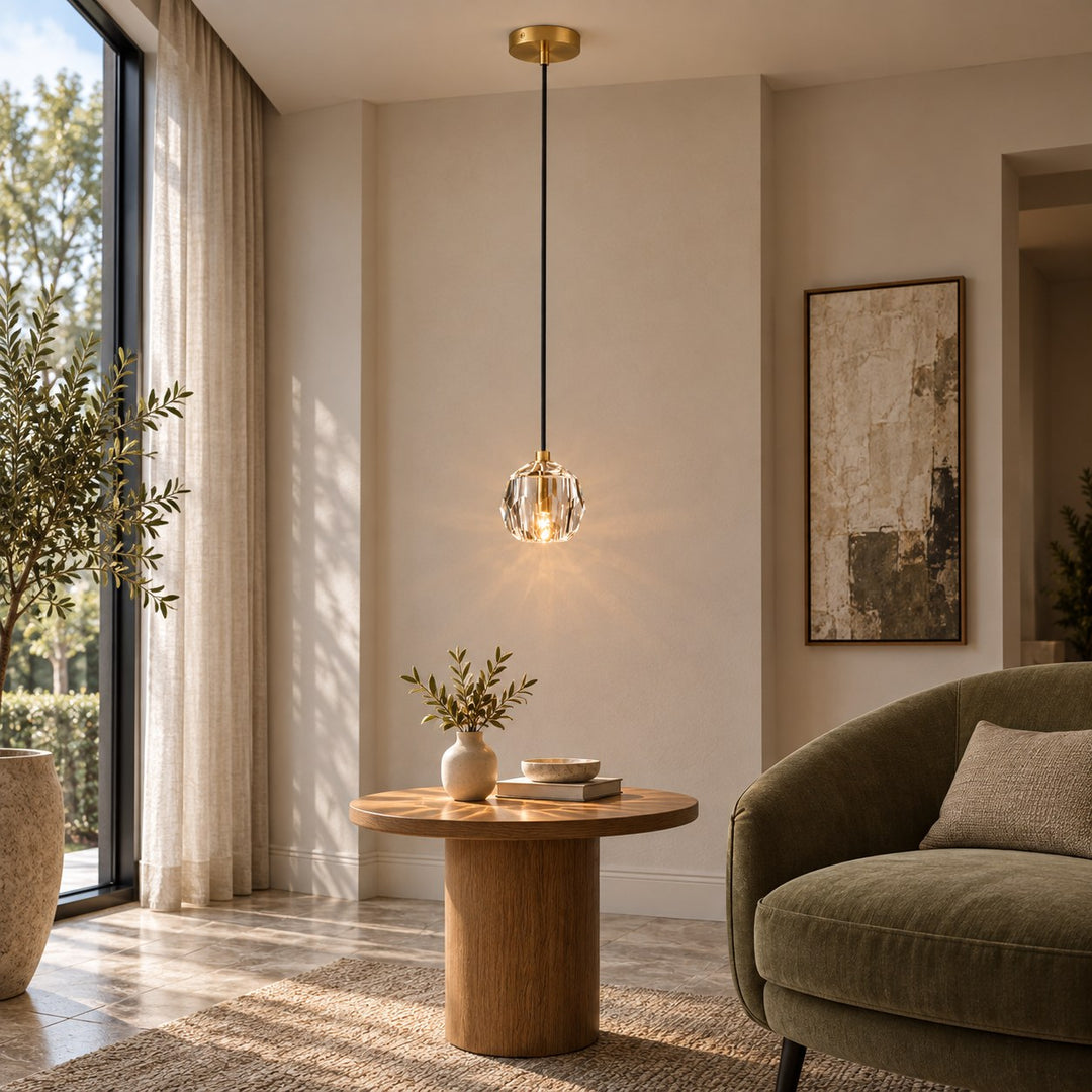 Modern K10 Crystal Pendant Light with Natural Brass – G9 LED, Rod or Cord Suspension