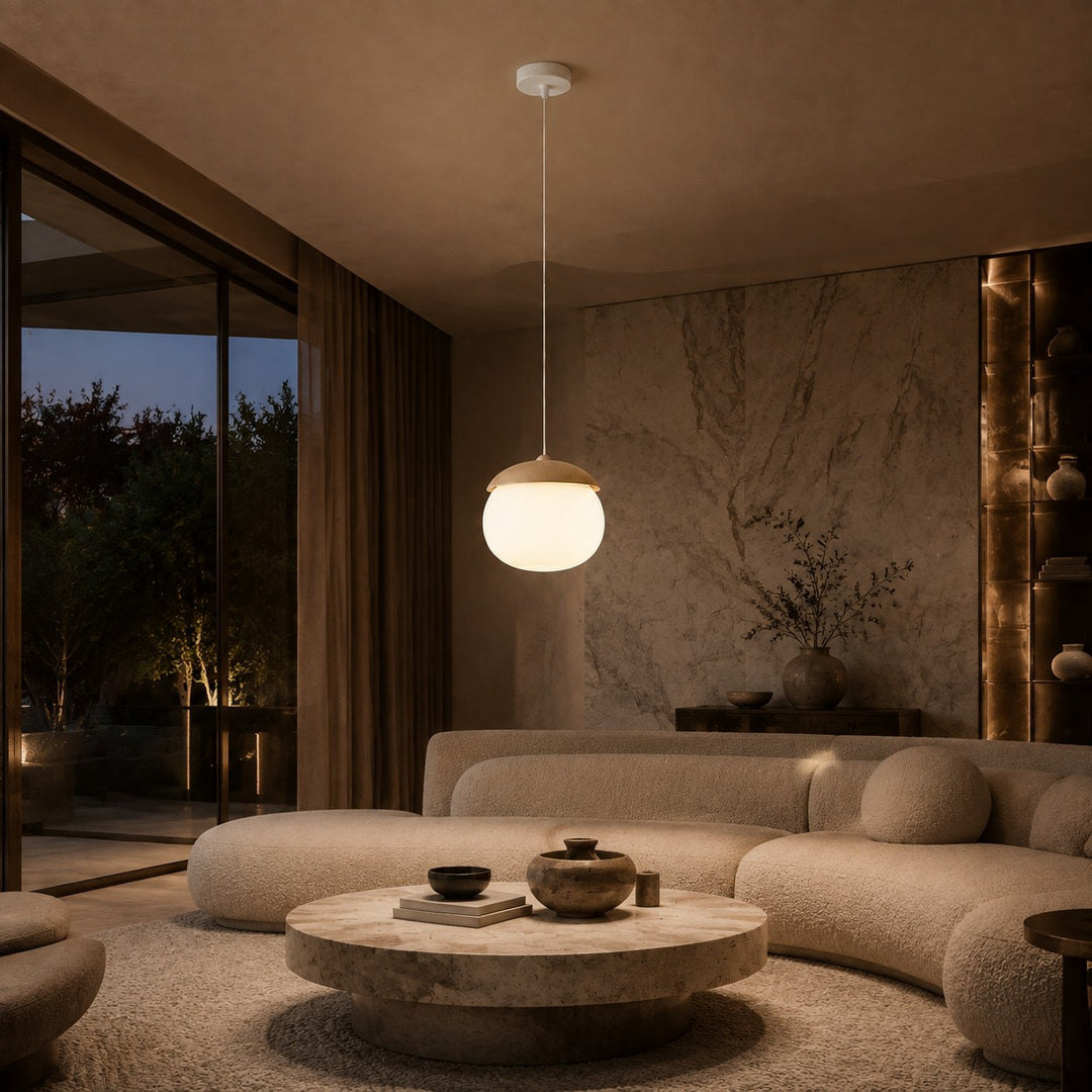 Modern Pendant Light Adjustable Hanging Fixture Wood Look Frosted Glass LED for Kitchen Island