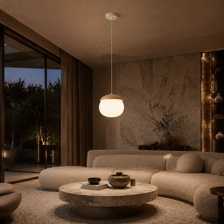 Modern Pendant Light Adjustable Hanging Fixture Wood Look Frosted Glass LED for Kitchen Island
