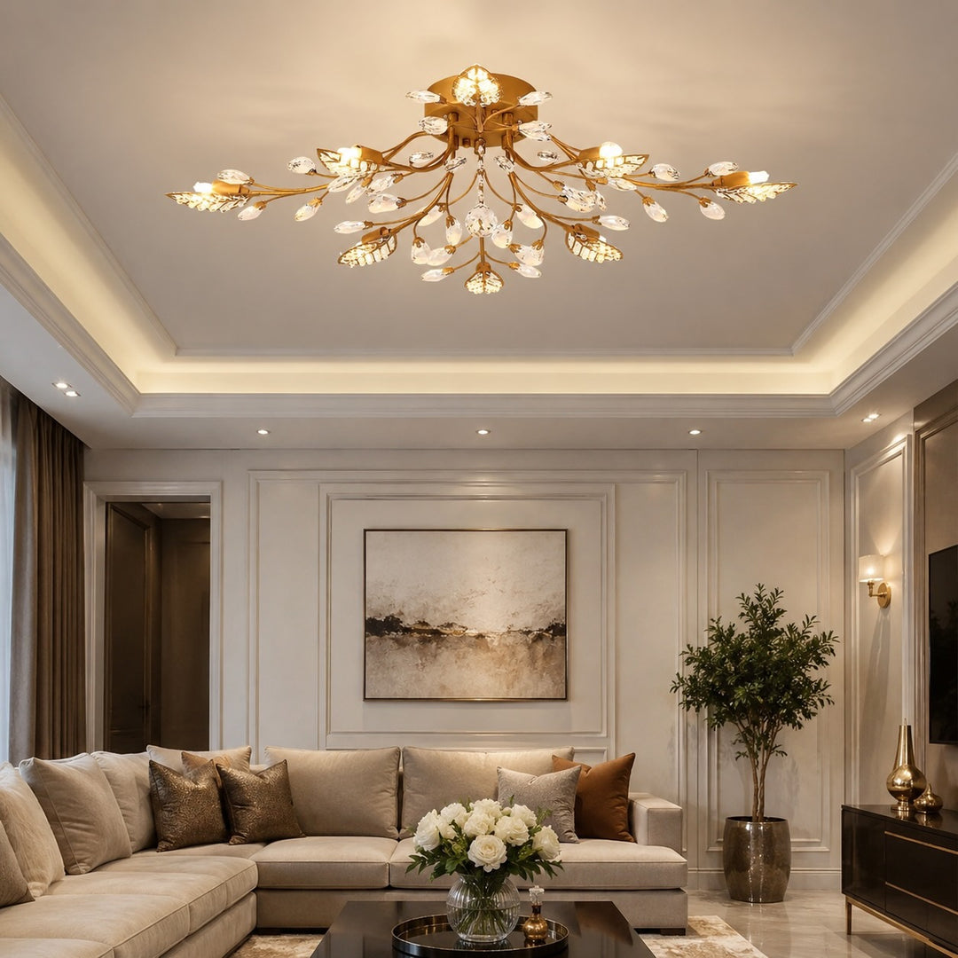 Modern Crystal Chandelier Semi-Flush Mount Iron 8-Light LED Fixture with Elegant Leaf Design