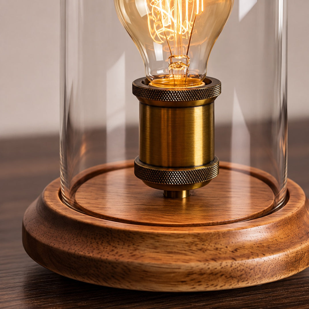 Modern Table Lamp with Glass Dome and Solid Wood Base for Bedroom and Nightstand Use