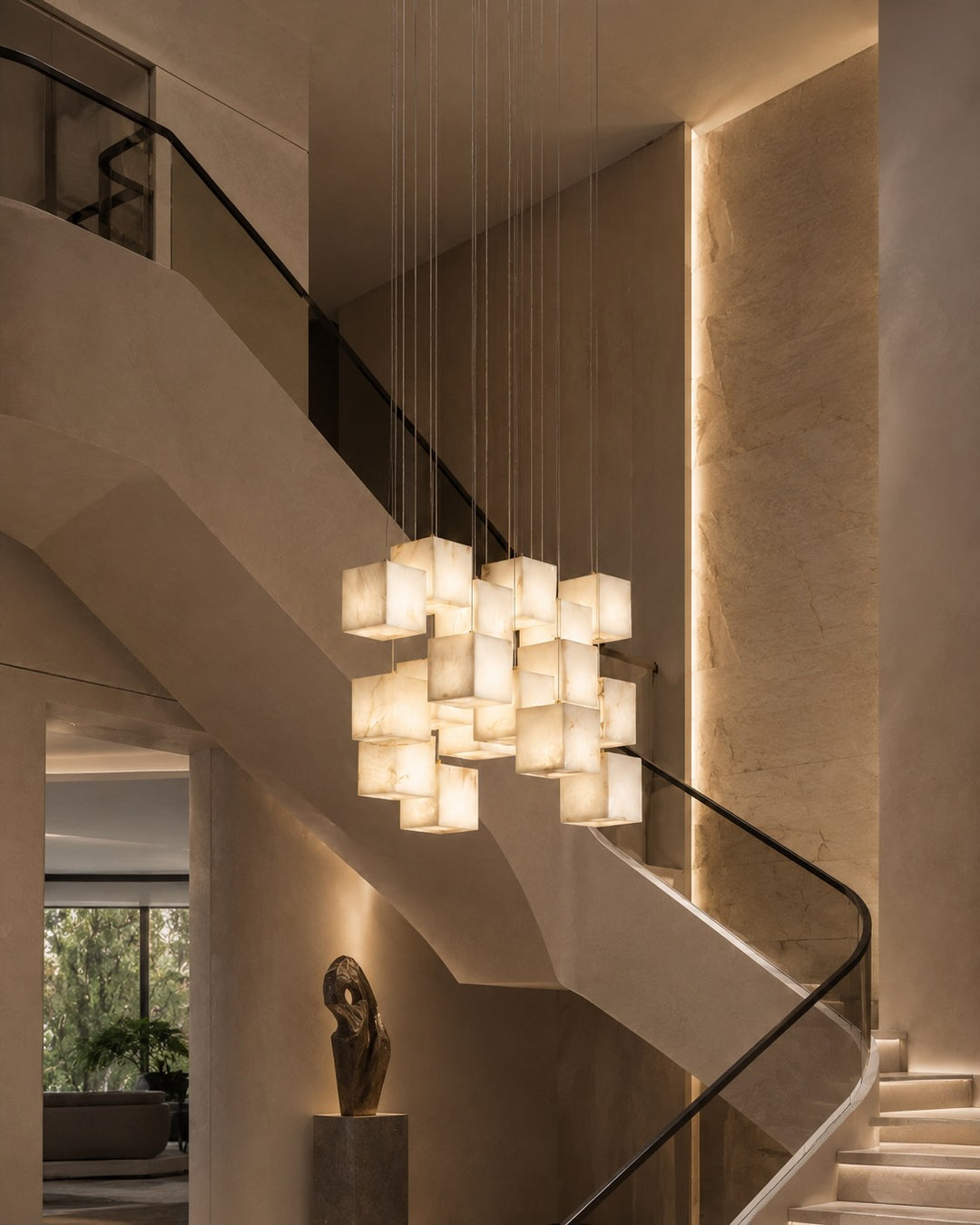 Modern Alabaster Box Pendant Light Hanging Fixture with LED Compatibility and Adjustable Height