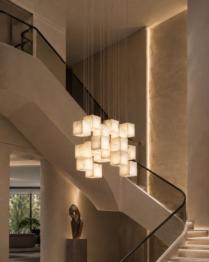 Modern Alabaster Box Pendant Light Hanging Fixture with LED Compatibility and Adjustable Height