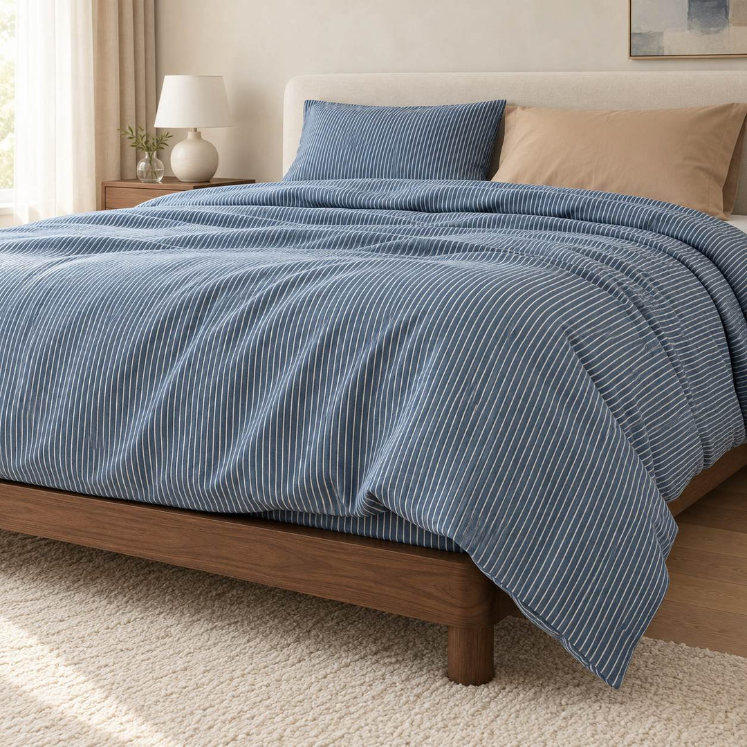 Minimalist Bedding Set Thin Striped Duvet Cover and Pillowcases Washed Cotton Breathable Comforter