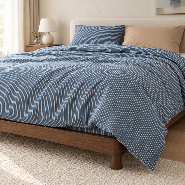 Minimalist Bedding Set Thin Striped Duvet Cover and Pillowcases Washed Cotton Breathable Comforter