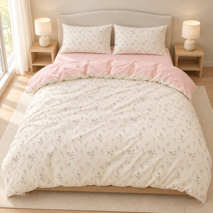 Floral Print Bedding Set in Pale Pink Color Soft Polyester Duvet Cover and Flat Sheet