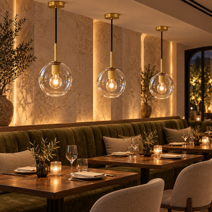 Modern Clear Glass Globe Pendant Light with Brass Finish – E27 Ceiling Light
