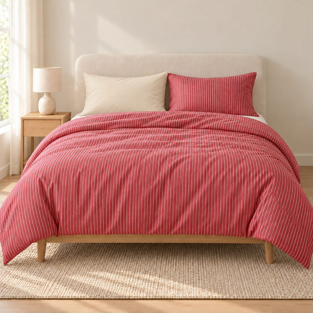 Minimalist Bedding Set Thin Striped Duvet Cover and Pillowcases Washed Cotton Breathable Comforter