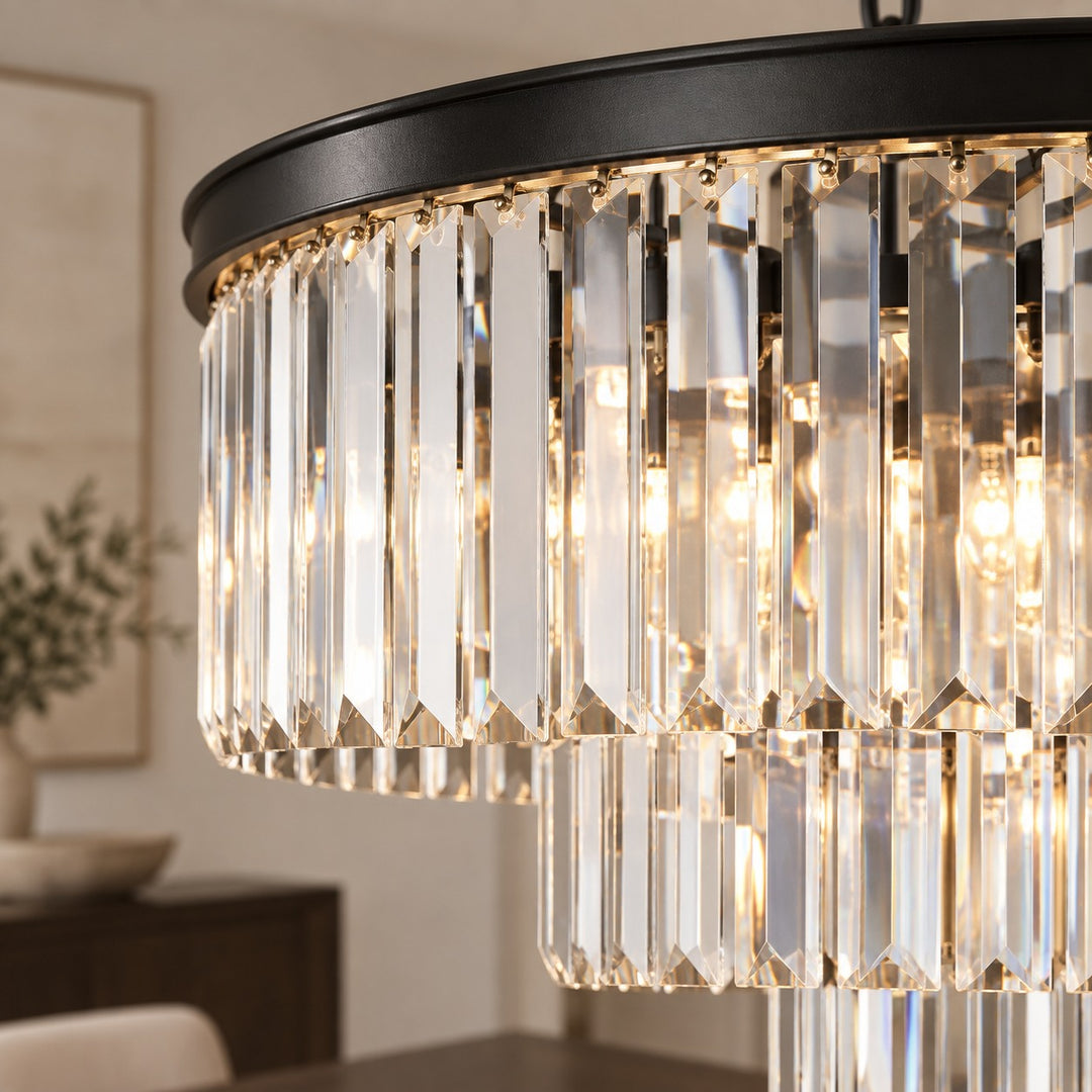 Modern Crystal Chandelier 3-Tier Hanging Light Fixture Black Metal Frame E12 LED Compatible