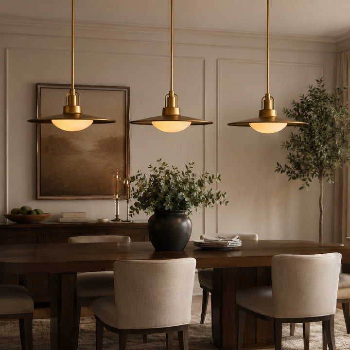Modern Brass Saucer Pendant Light Hanging Metal Fixture with Frosted Glass Dome Shade for Kitchen Island Dining Room