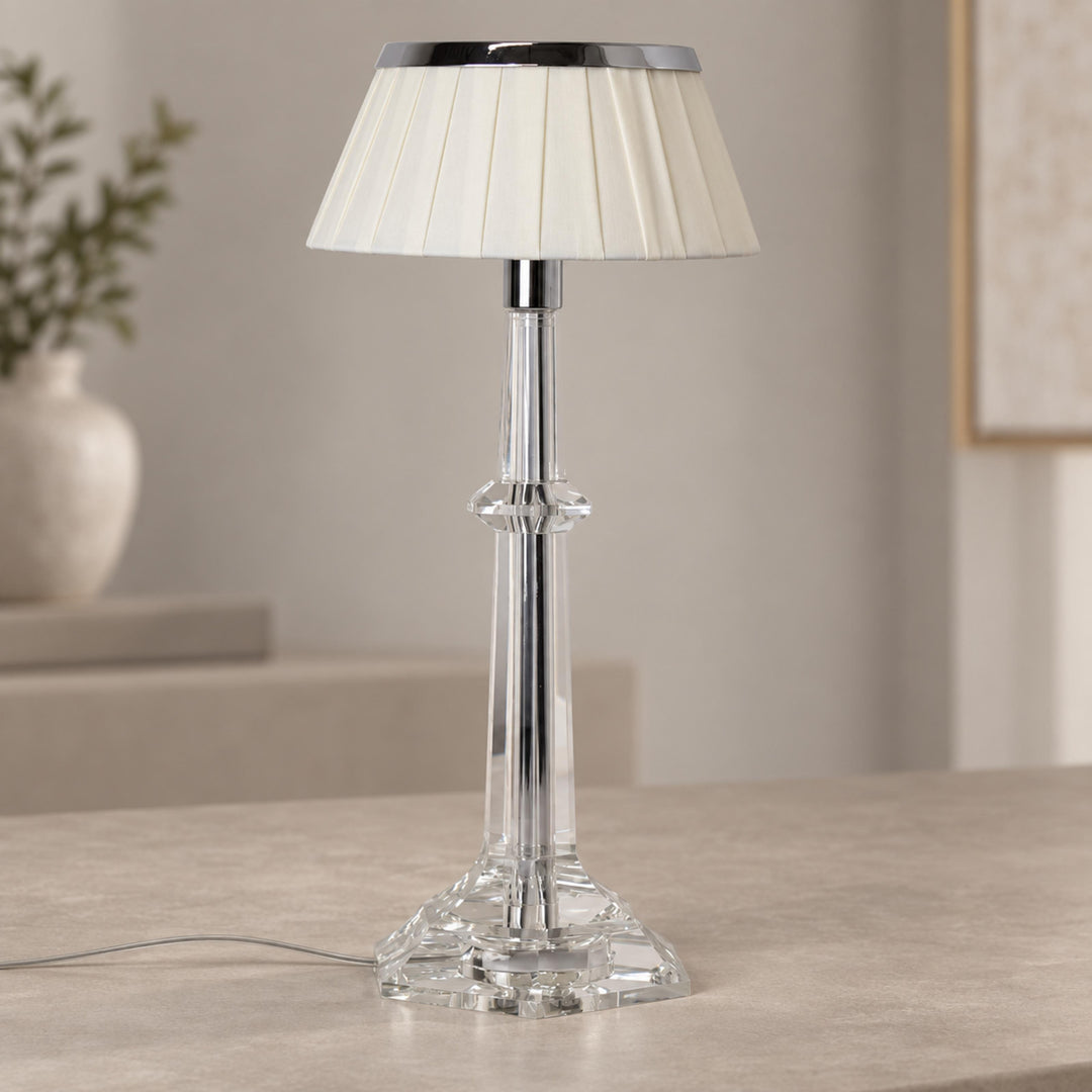 Modern Table Lamp Adjustable Height LED Edge Lighting Chrome Fabric Shade K9 Crystal Base