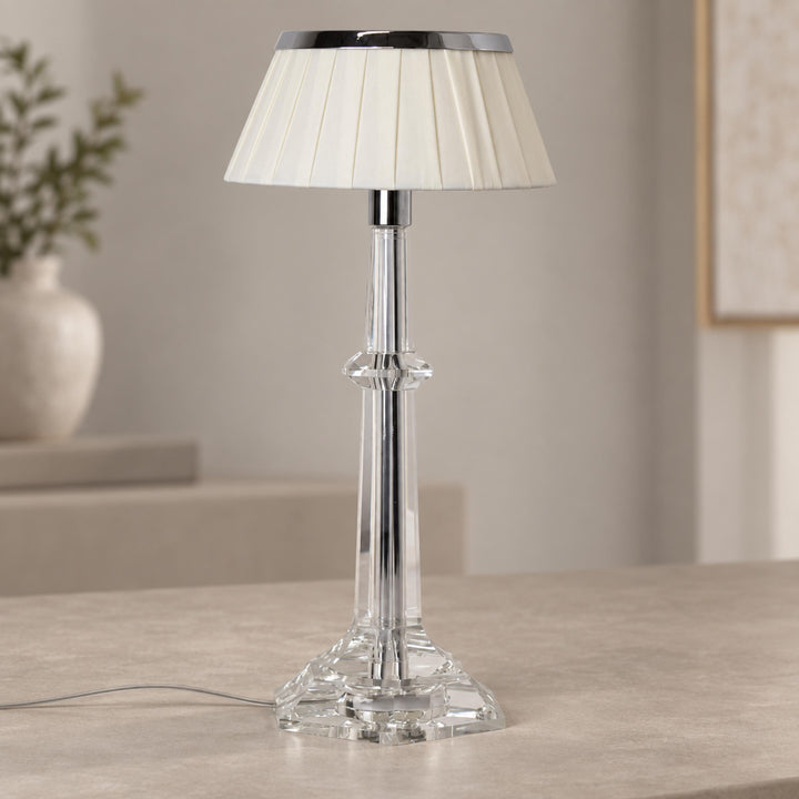 Modern Table Lamp Adjustable Height LED Edge Lighting Chrome Fabric Shade K9 Crystal Base