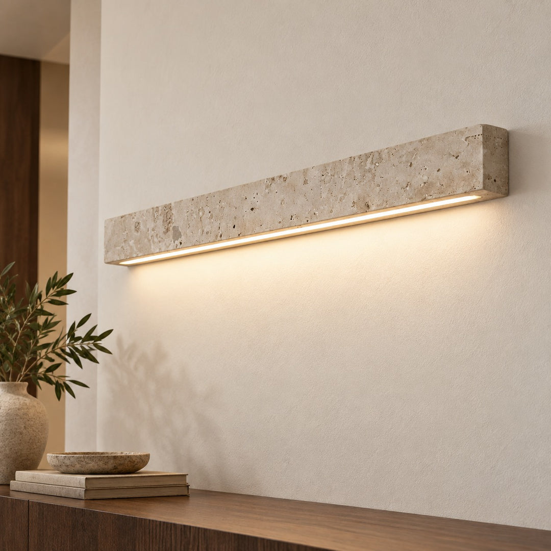 Minimalist Wall Light with Elongated Rectangular Design in Yellow Travertine and Integrated LED