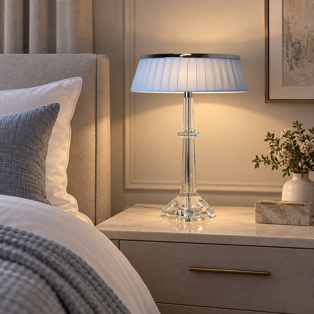 Modern Table Lamp Adjustable Height LED Edge Lighting Chrome Fabric Shade K9 Crystal Base