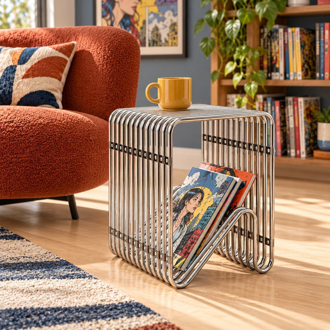 Modern Stainless Steel Side Table with Magazine Holder Space-Saving Design for Living Room and Bedroom