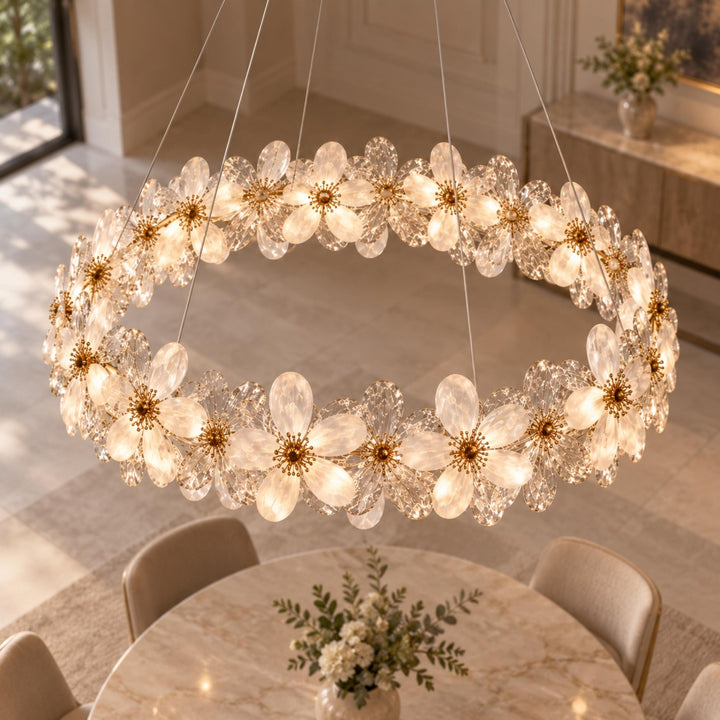 Modern Crystal Chandelier Adjustable Height K9 Crystal LED Hanging Light Fixture with Three Color Temperatures
