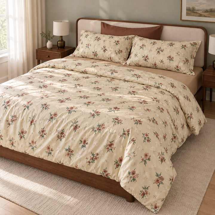 Vintage Floral Bedding Set Duvet Cover and Pillowcases Washed Cotton Breathable Durable