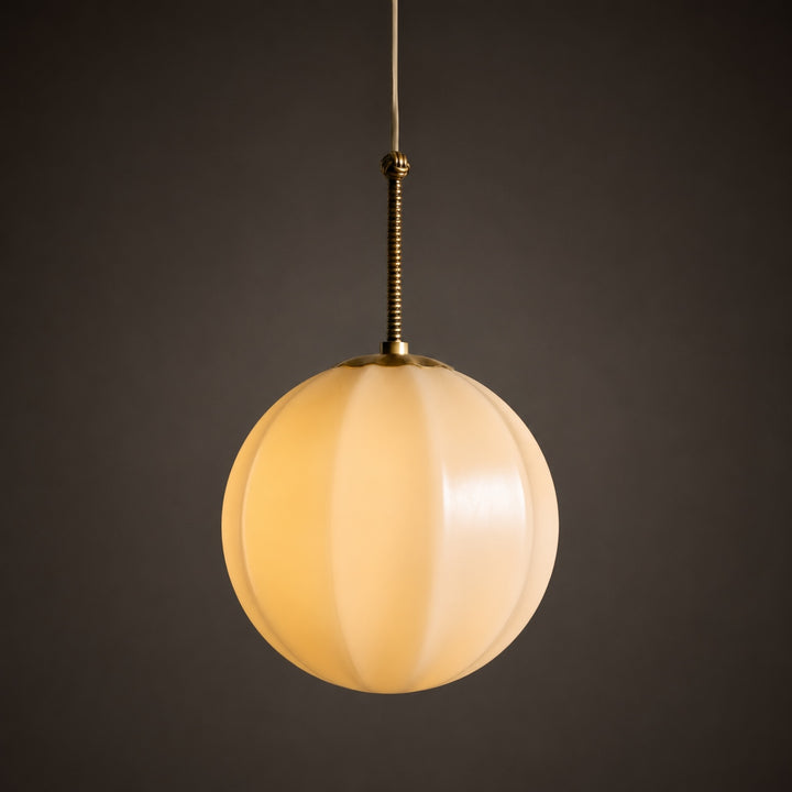 Modern Ribbed Opal Glass Globe Pendant Light Brass Hanging Fixture Adjustable Height for Kitchen Island Dining Room