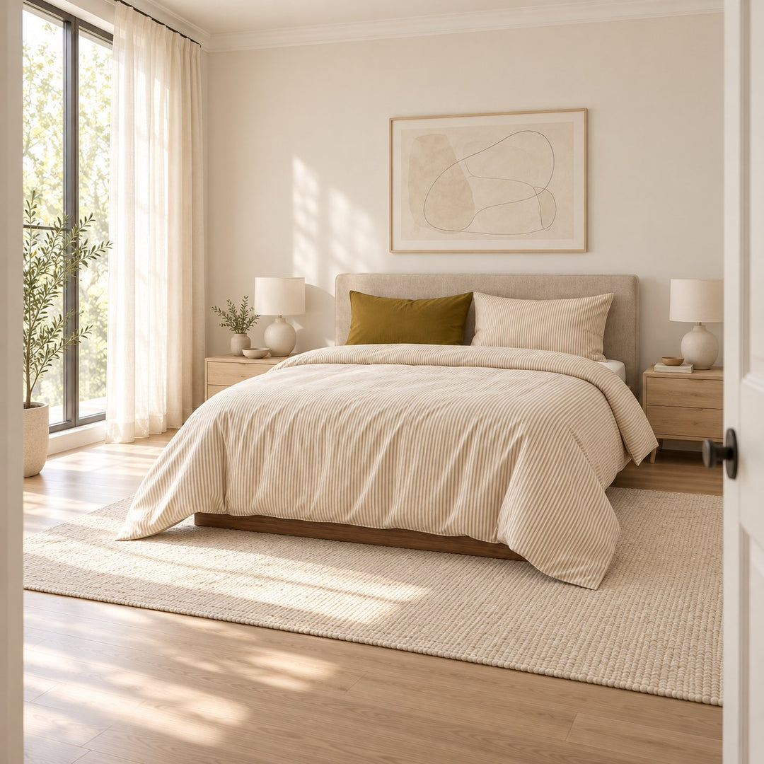 Minimalist Bedding Set Thin Striped Duvet Cover and Pillowcases Washed Cotton Breathable Comforter