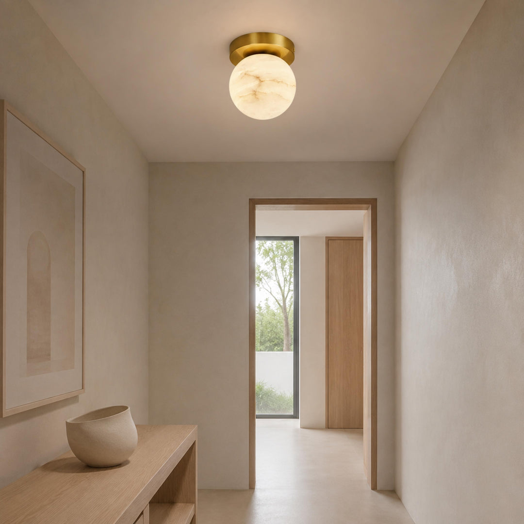 Natural Alabaster Flush Mount Ceiling Light – Modern Brass Finish