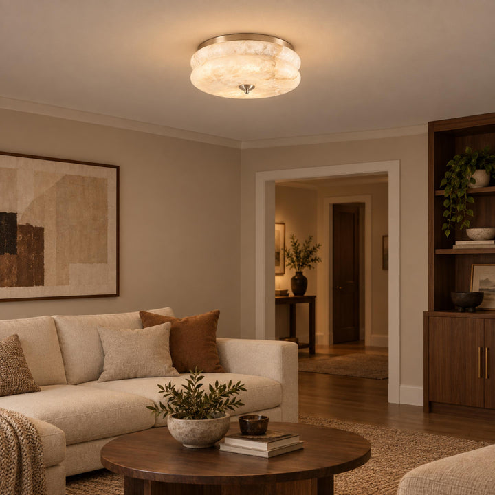 Modern Flush Mount Ceiling Light Fixture Alabaster LED 12 Inch 15W Warm White