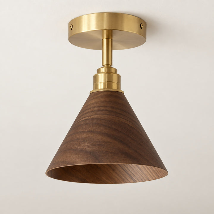 Modern Semi-Flush Ceiling Light Walnut Wood Brushed Brass LED Compatible Indoor Fixture