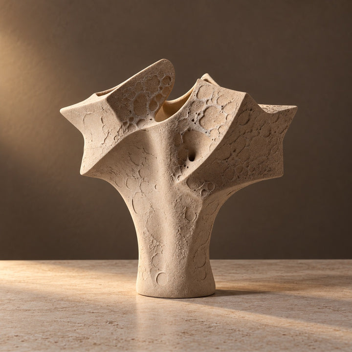 Organic Textured Ceramic Vase Large Sculptural Form 39 cm Neutral Sand Finish
