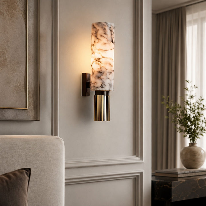 Contemporary Wall Light Wall Mounted Alabaster Cylinder Fluted Copper Base LED Sconce 38cm