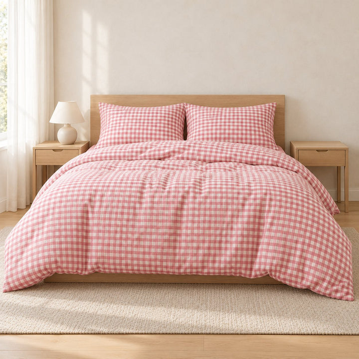 Classic Gingham Bedding Set Cotton Duvet Covers with Invisible Zipper and Corner Ties