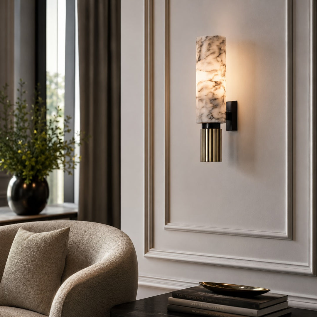 Contemporary Wall Light Wall Mounted Alabaster Cylinder Fluted Copper Base LED Sconce 38cm