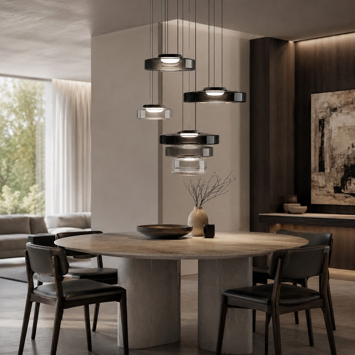 Modern Glass Pendant Light Hanging Fixture with Adjustable Height Dimmable LED and Iron Finish