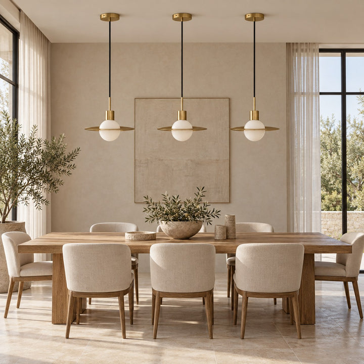 Modern Brass & Glass Globe Pendant Light with Adjustable Disc – 31cm & 42cm