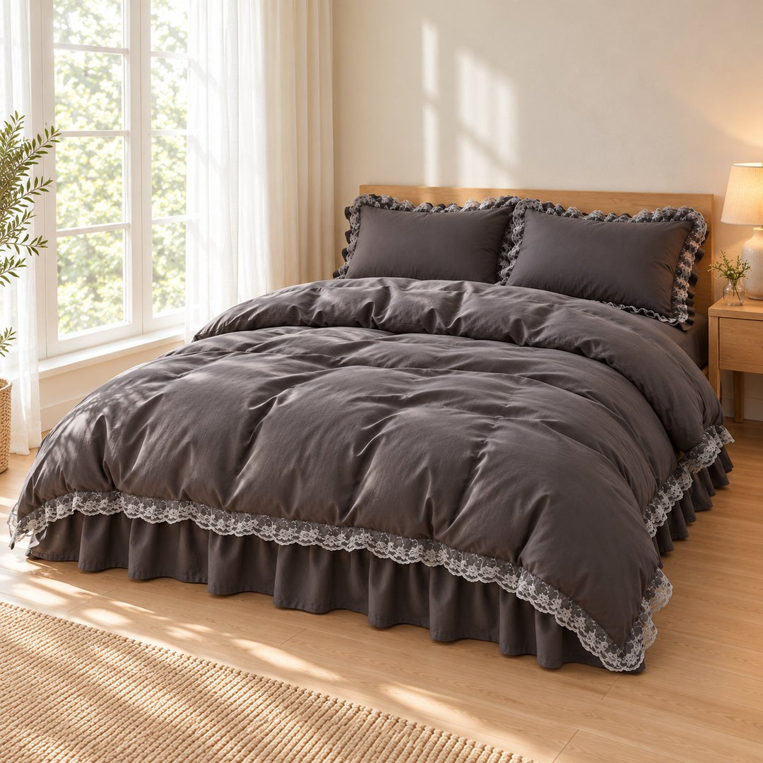 Modern Ruffle Lace Bedding Set with Elastic Skirt Bed Sheet and Soft Polyester Material