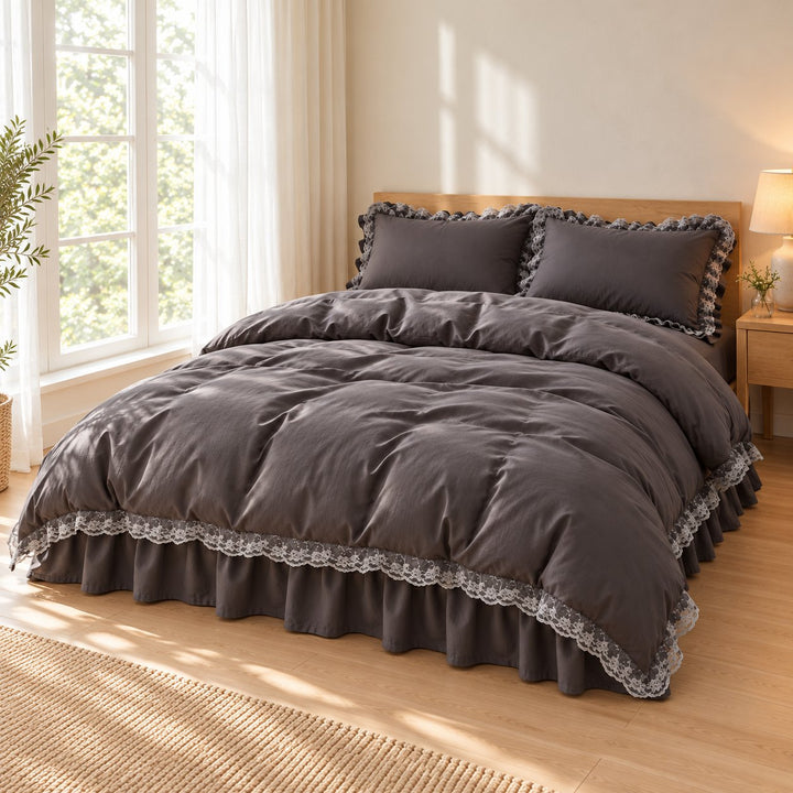 Modern Ruffle Lace Bedding Set with Elastic Skirt Bed Sheet and Soft Polyester Material