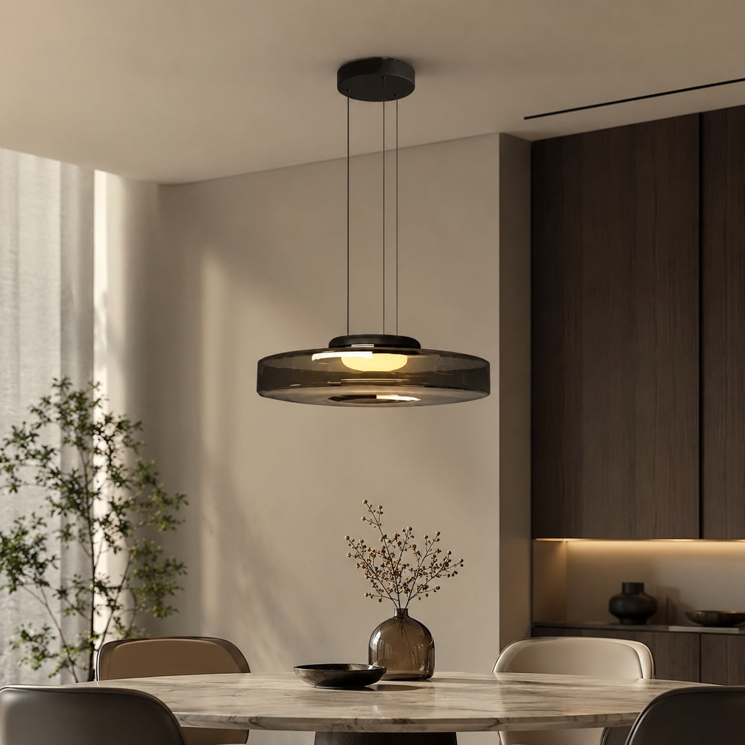 Modern Glass Pendant Light Hanging Fixture with Adjustable Height Dimmable LED and Iron Finish